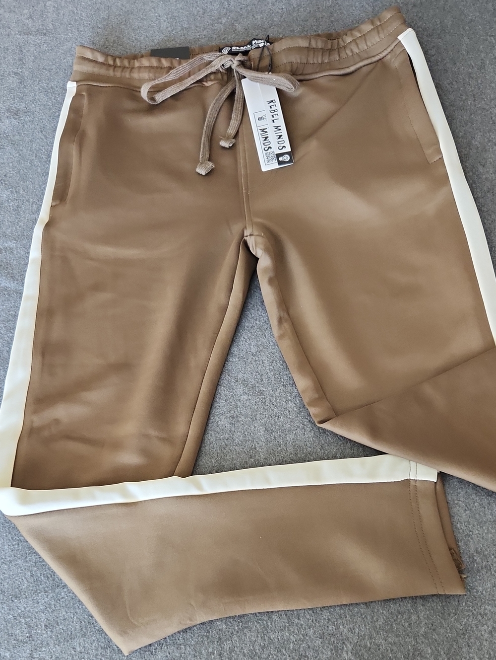 Rebel Minds Men's Track Pants Slim Zip Jogger Olive & Cream Side Stripe Size M
